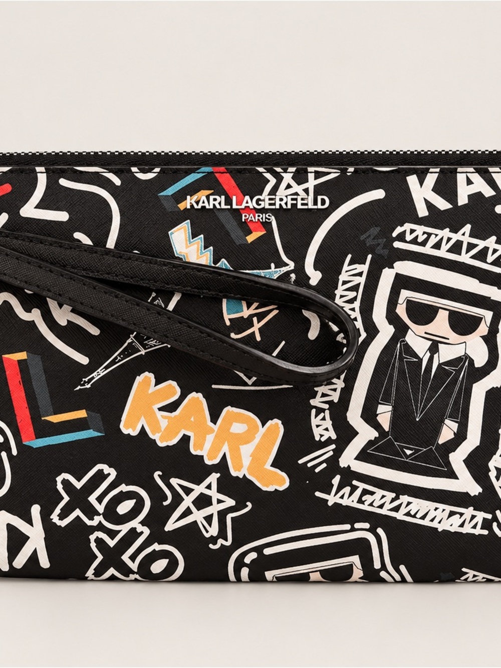 Karl Lagerfeld Black Graphic Wrist Pouch with Multicolor Accents